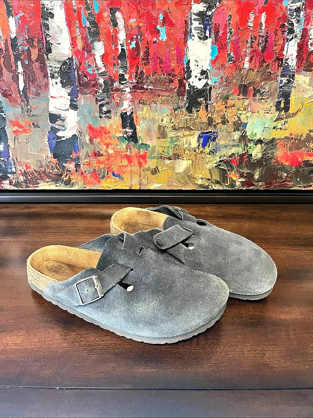 Birkenstock Boston Soft Footbed Clog Suede Gray Blue